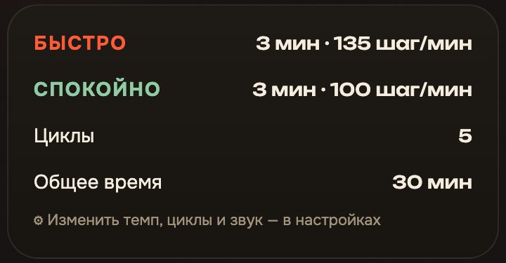 Протокол перед стартом: быстро — 3 минуты, 135 шагов в минуту; спокойно — 3 минуты, 100 шагов в минуту; 5 циклов; общее время 30 минут.