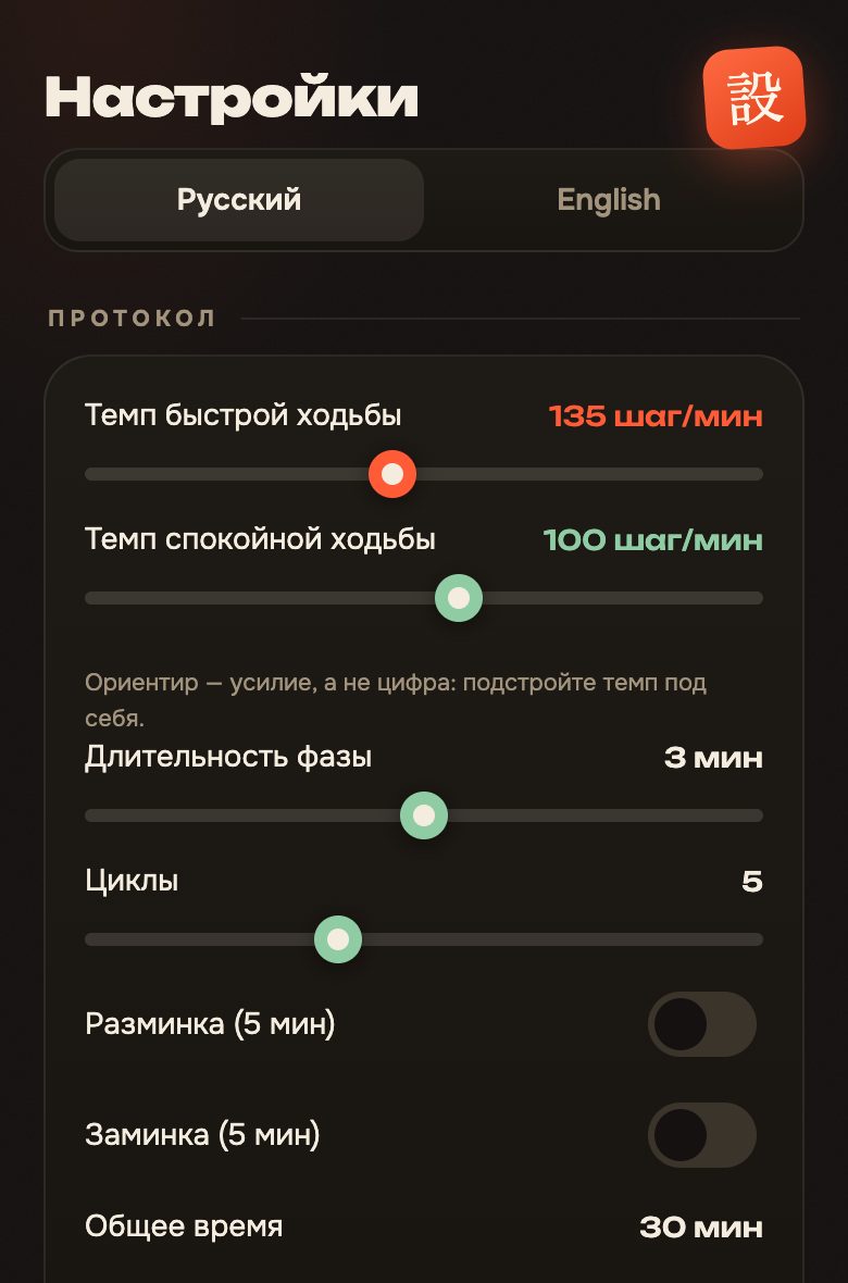 Настройки протокола: темп быстрой ходьбы 135 и спокойной 100 шагов в минуту, длительность фазы 3 минуты, 5 циклов, переключатели разминки и заминки, общее время 30 минут.